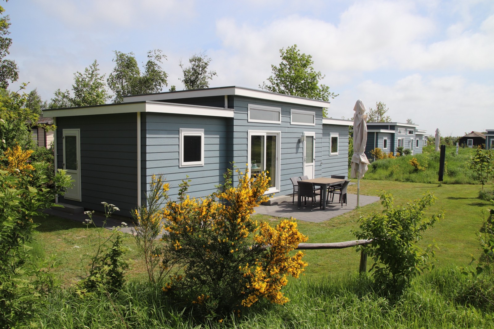 Grijs-blauw chalet met terras, tuinset en bloeiende brem ervoor